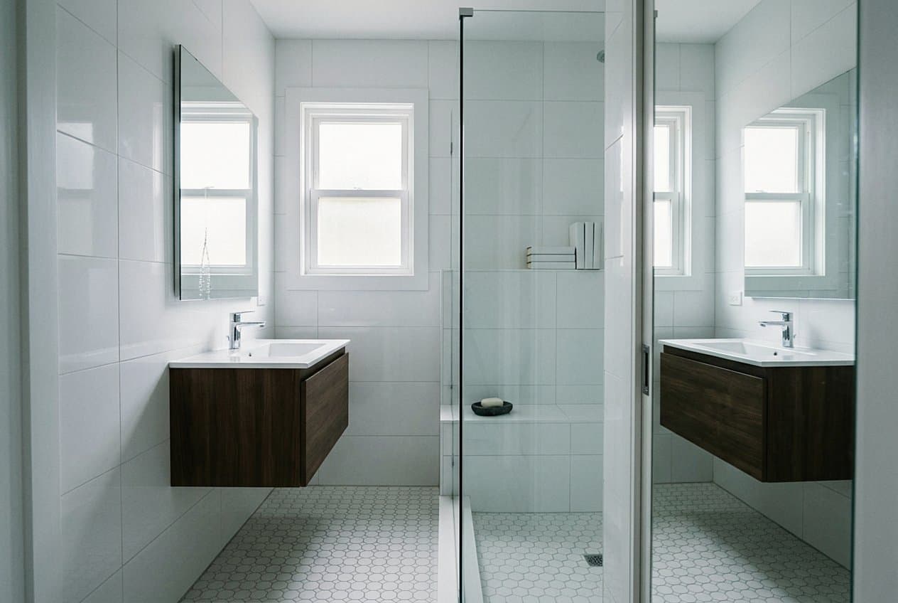 Remodeled bathroom with glass shower and double vanity