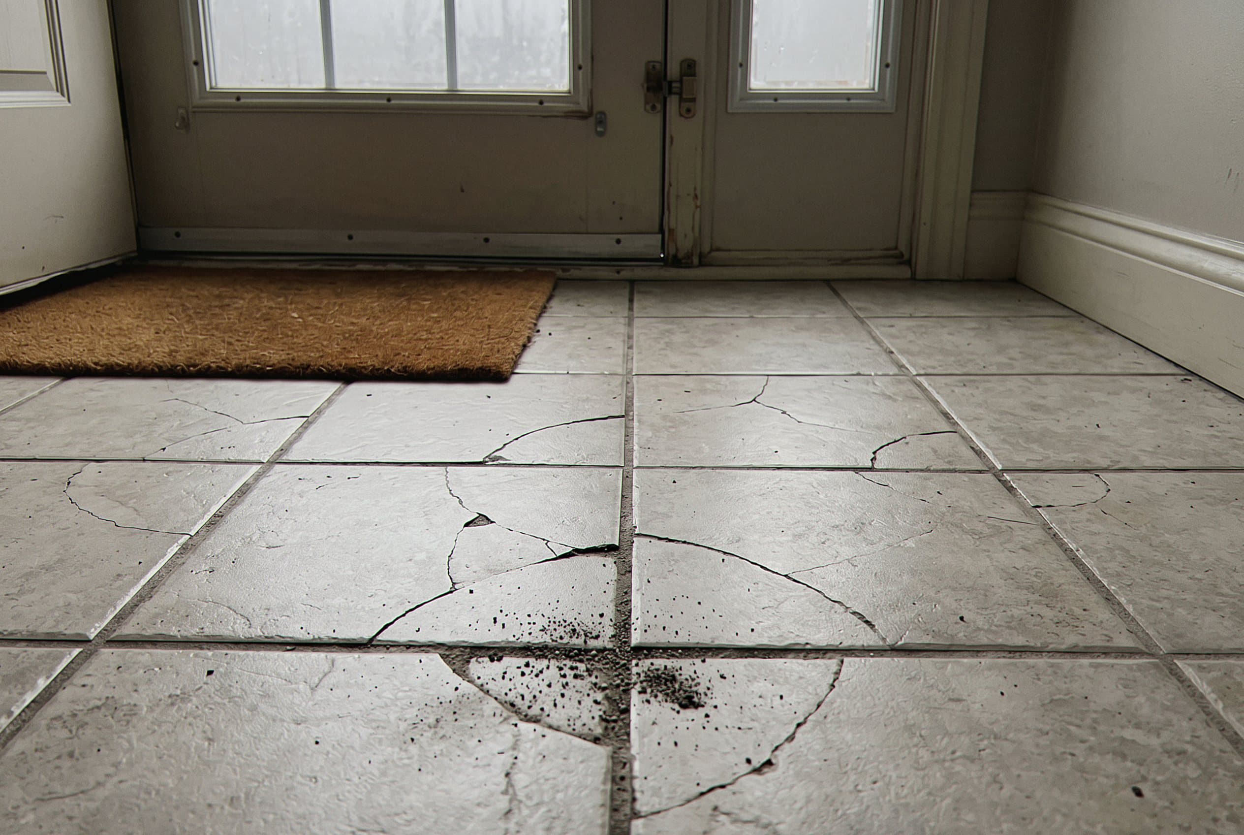 Cracked entry tile floor beside a front door