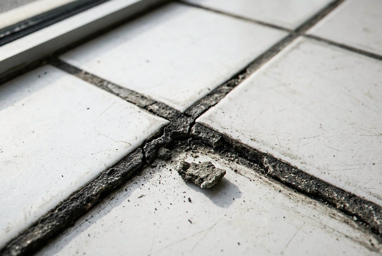 Cracked dirty grout joints on a white tile floor