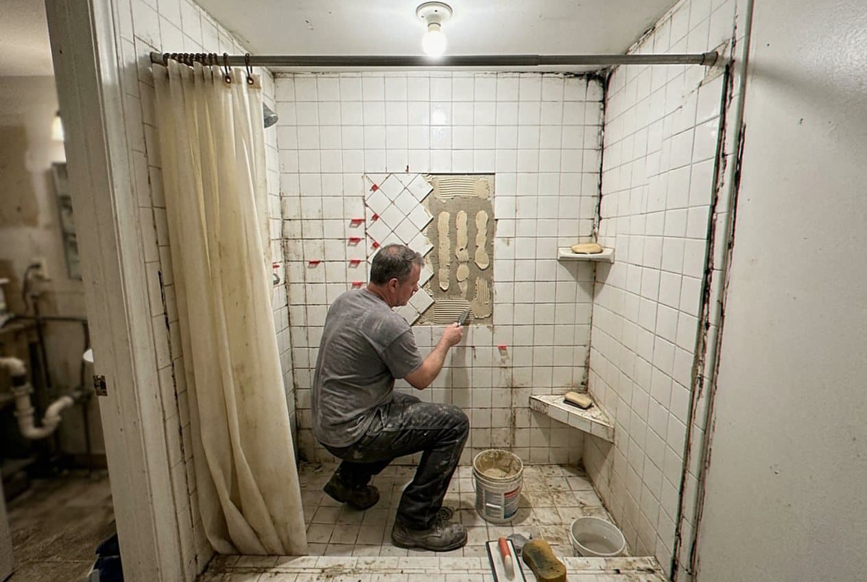 Contractor tiling an old white subway-tile shower stall