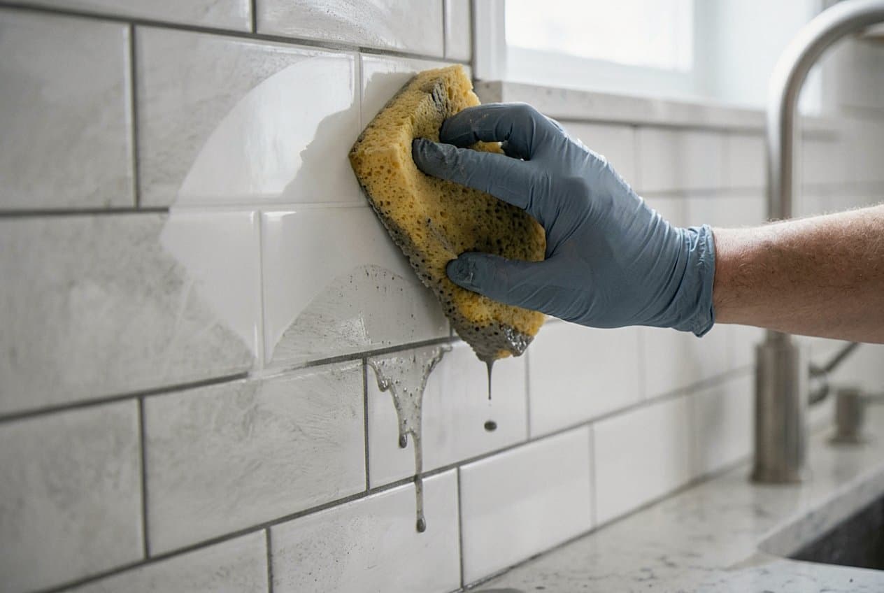 Gloved hand sponging grout haze off subway tile