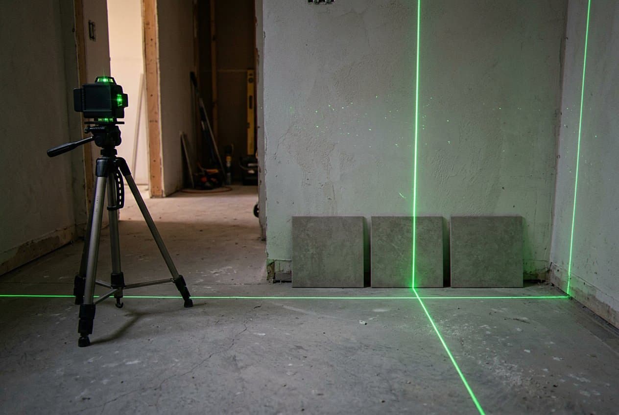 Laser level projecting layout lines in a gutted room