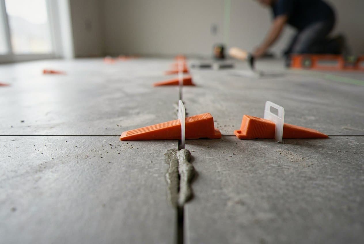Yellow leveling clips holding tile flat in mortar