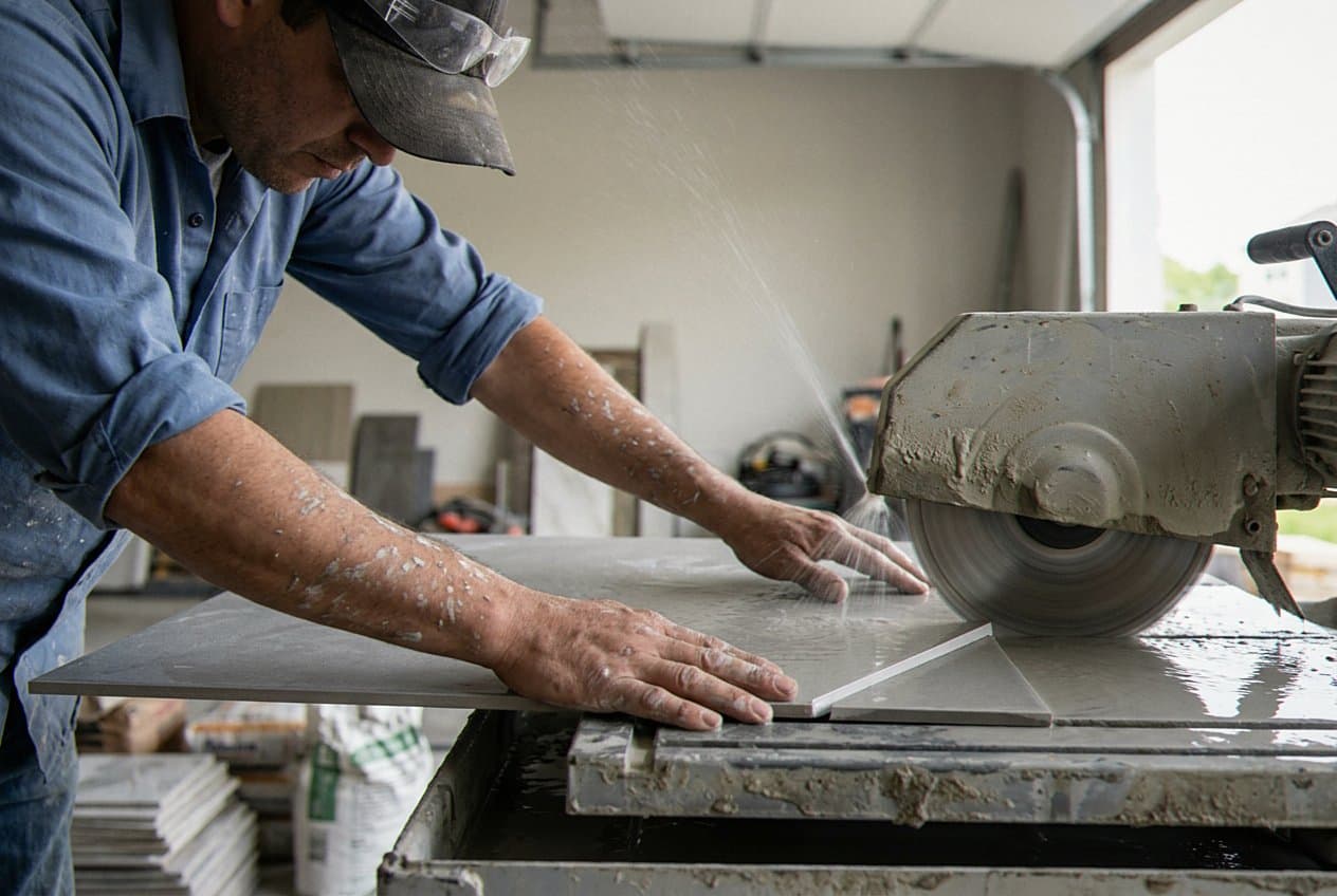 Worker cutting a large tile on a wet saw