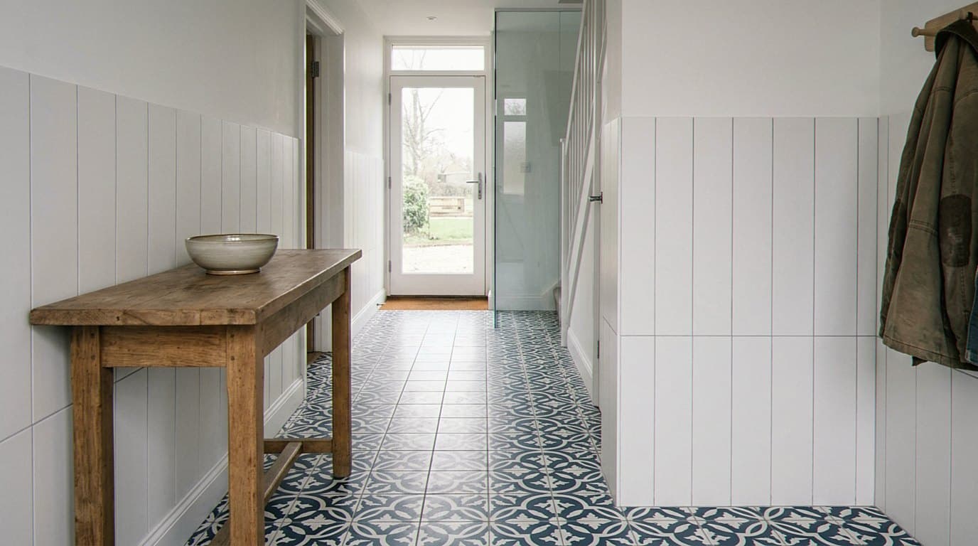 Patterned blue and white tile floor in an entryway