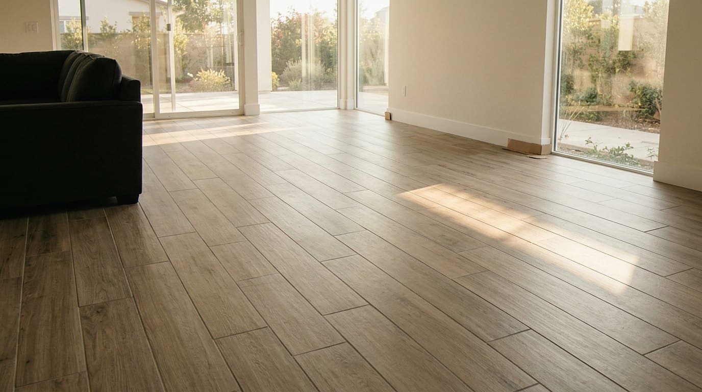 Sunlit living room with wood-look plank tile floor