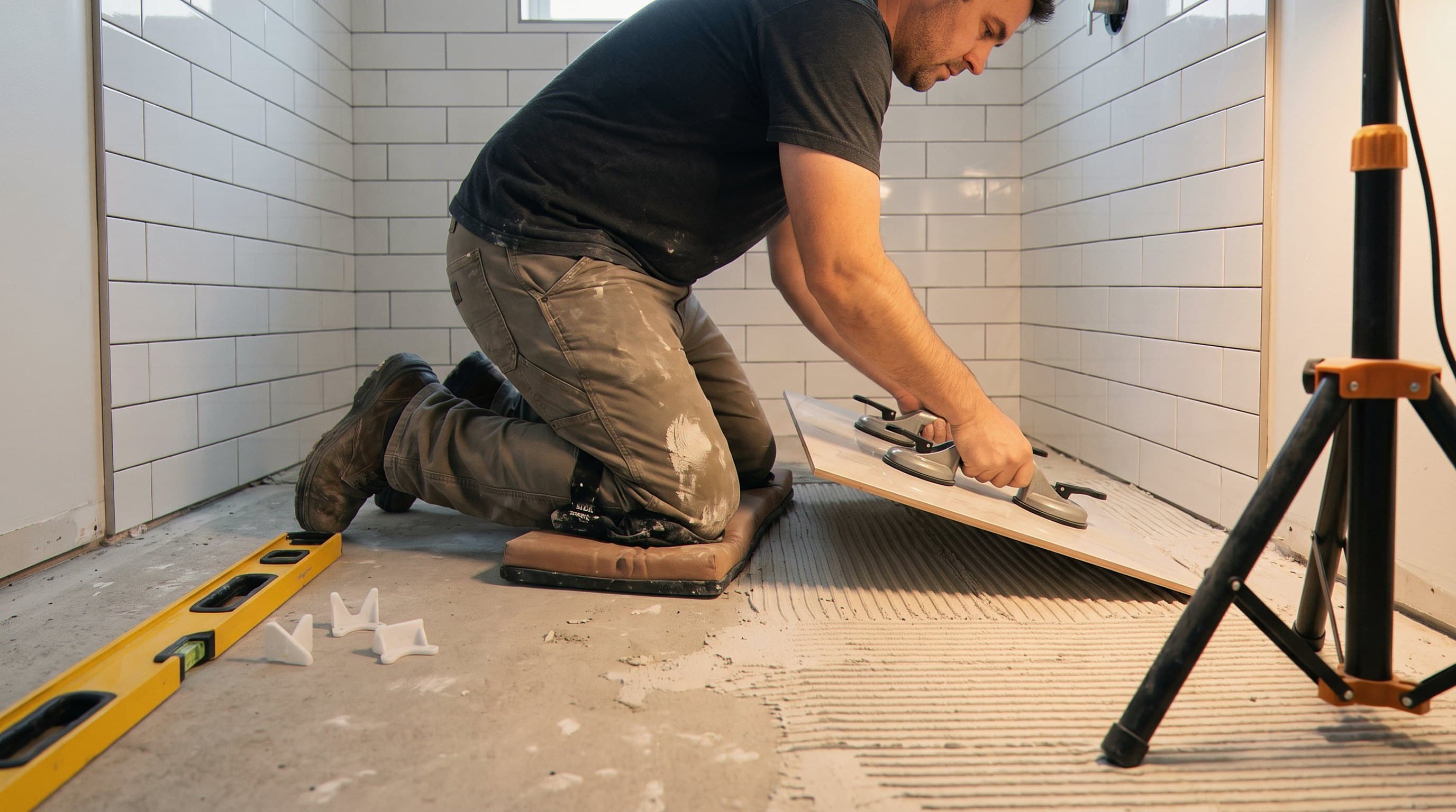 Installer setting a large tile plank with leveling clips