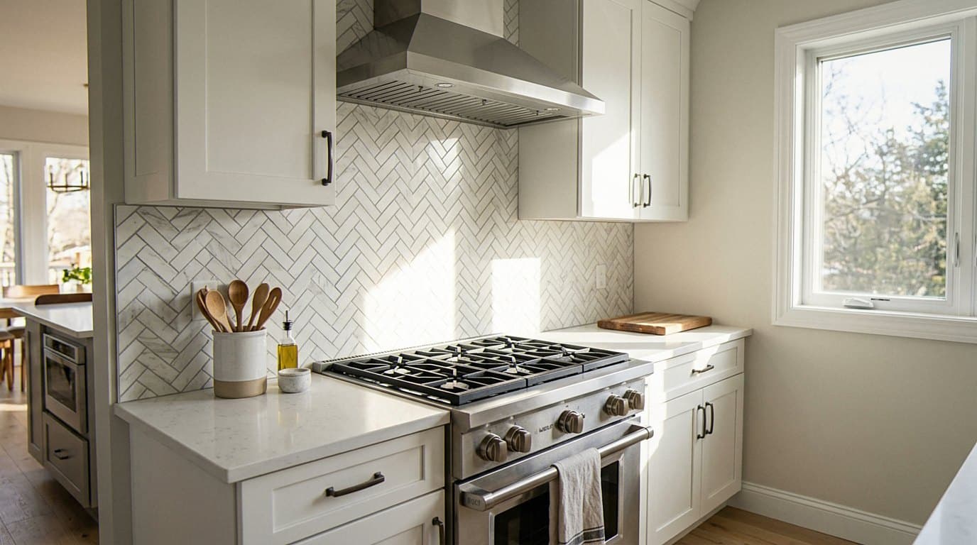 Herringbone marble backsplash behind a stainless range hood