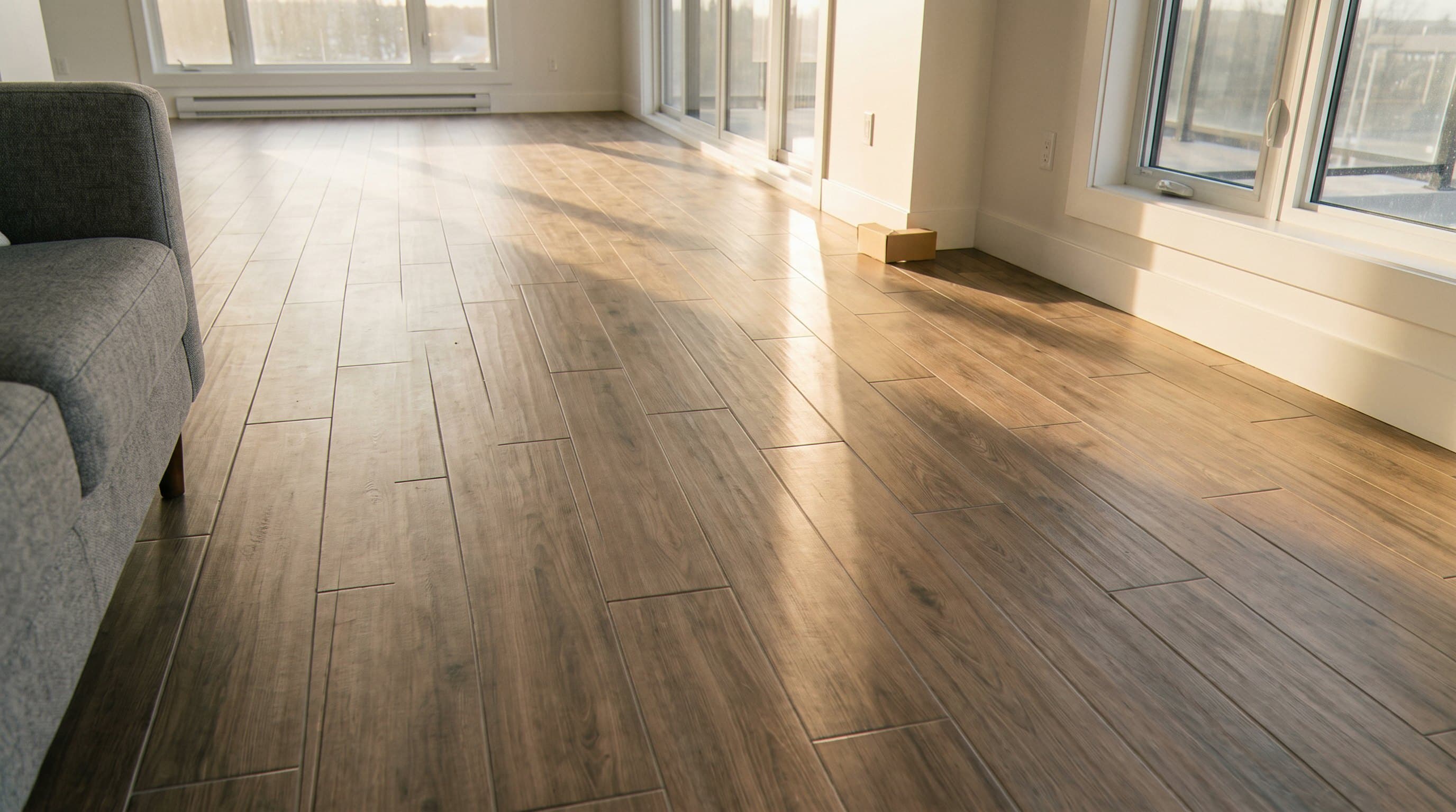 Sunlit living room with wide-plank wood-look tile floor and floor-to-ceiling