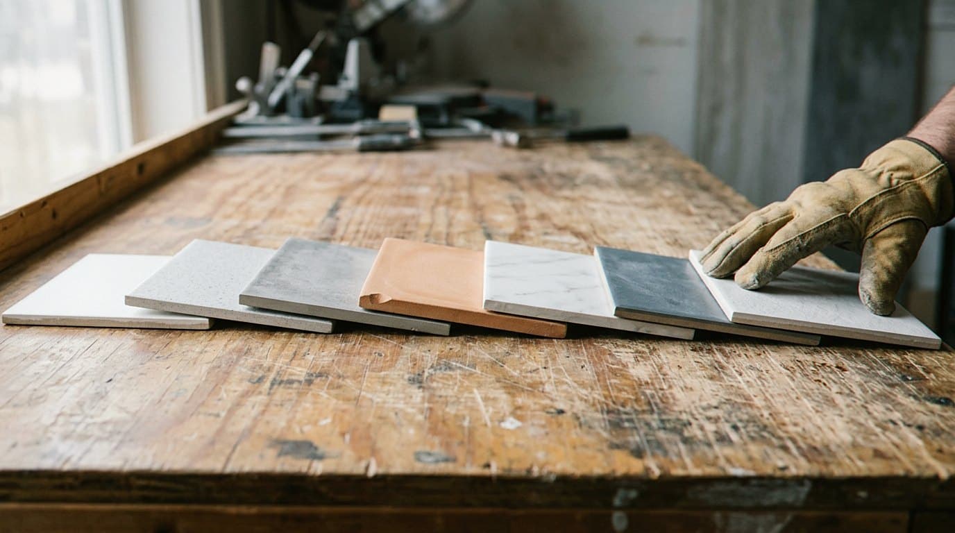 Hand fanning tile samples across a work bench