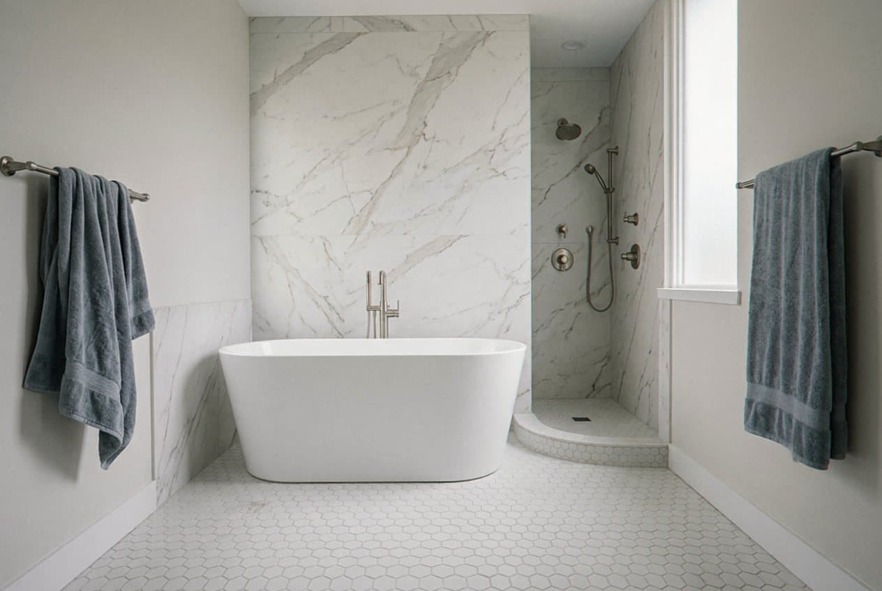 Hex floor tile with marble herringbone tub surround
