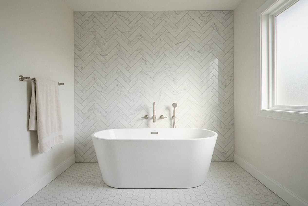 Remodeled bathroom with marble herringbone wall and hex floor