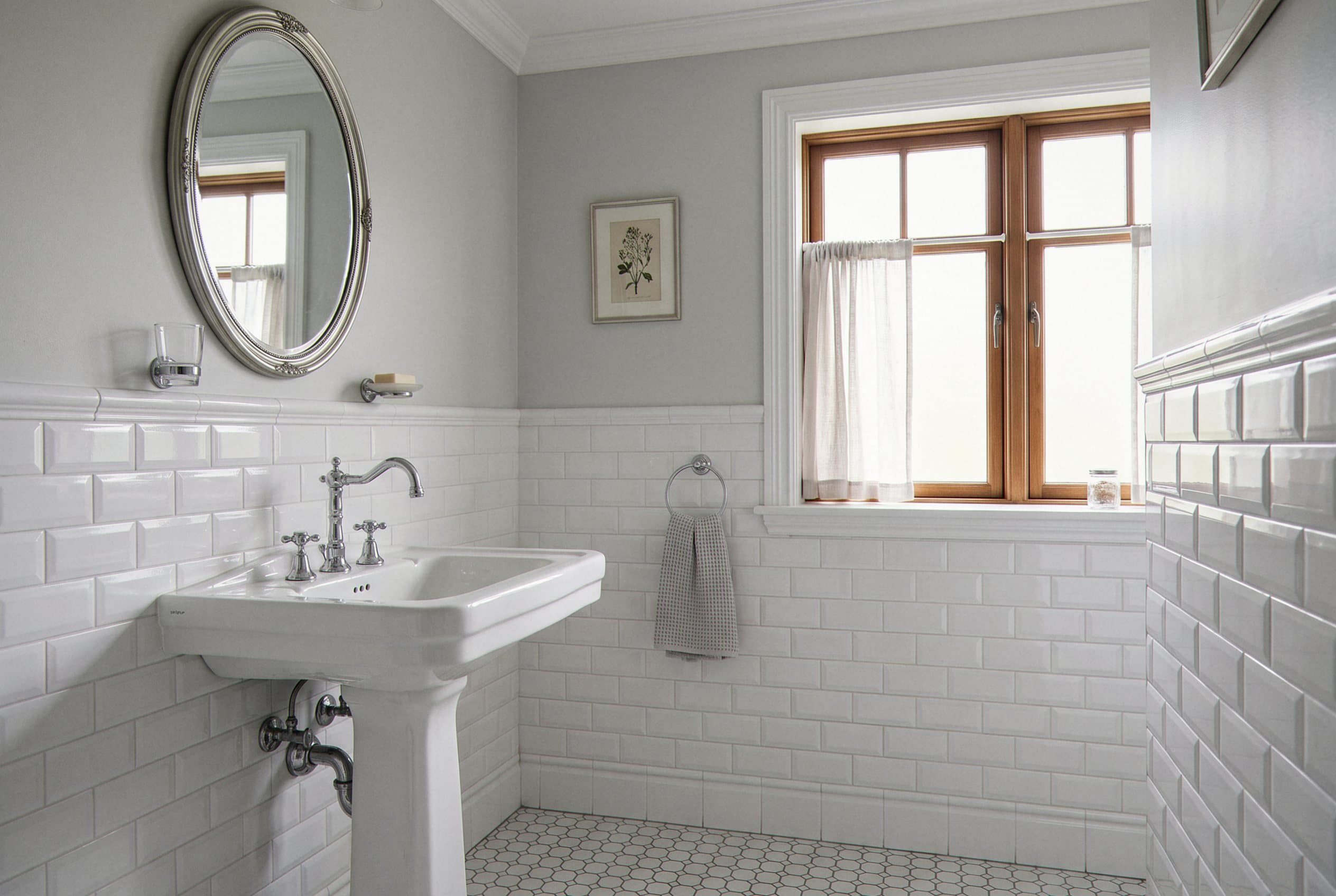 White subway tile wainscoting around a pedestal sink