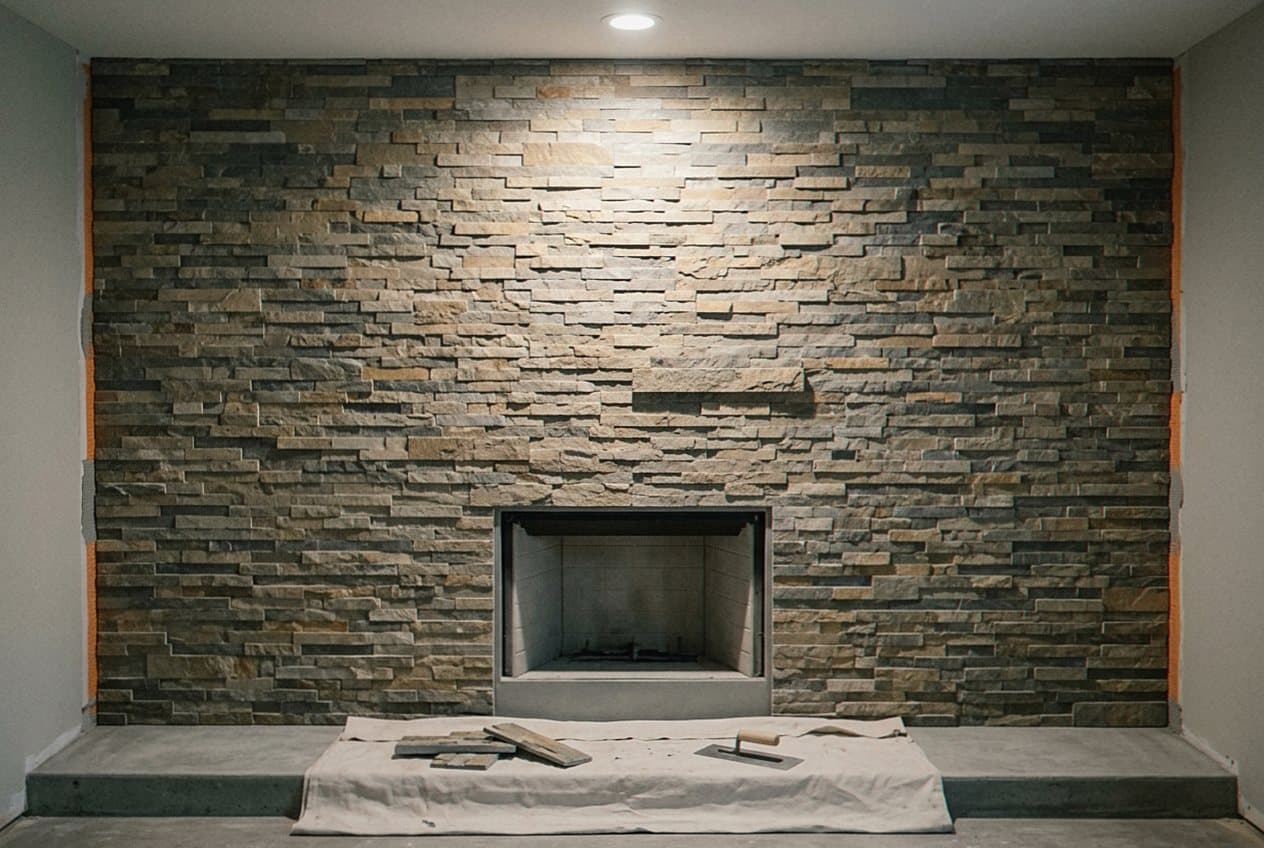 Stacked stone tile fireplace wall under warm light