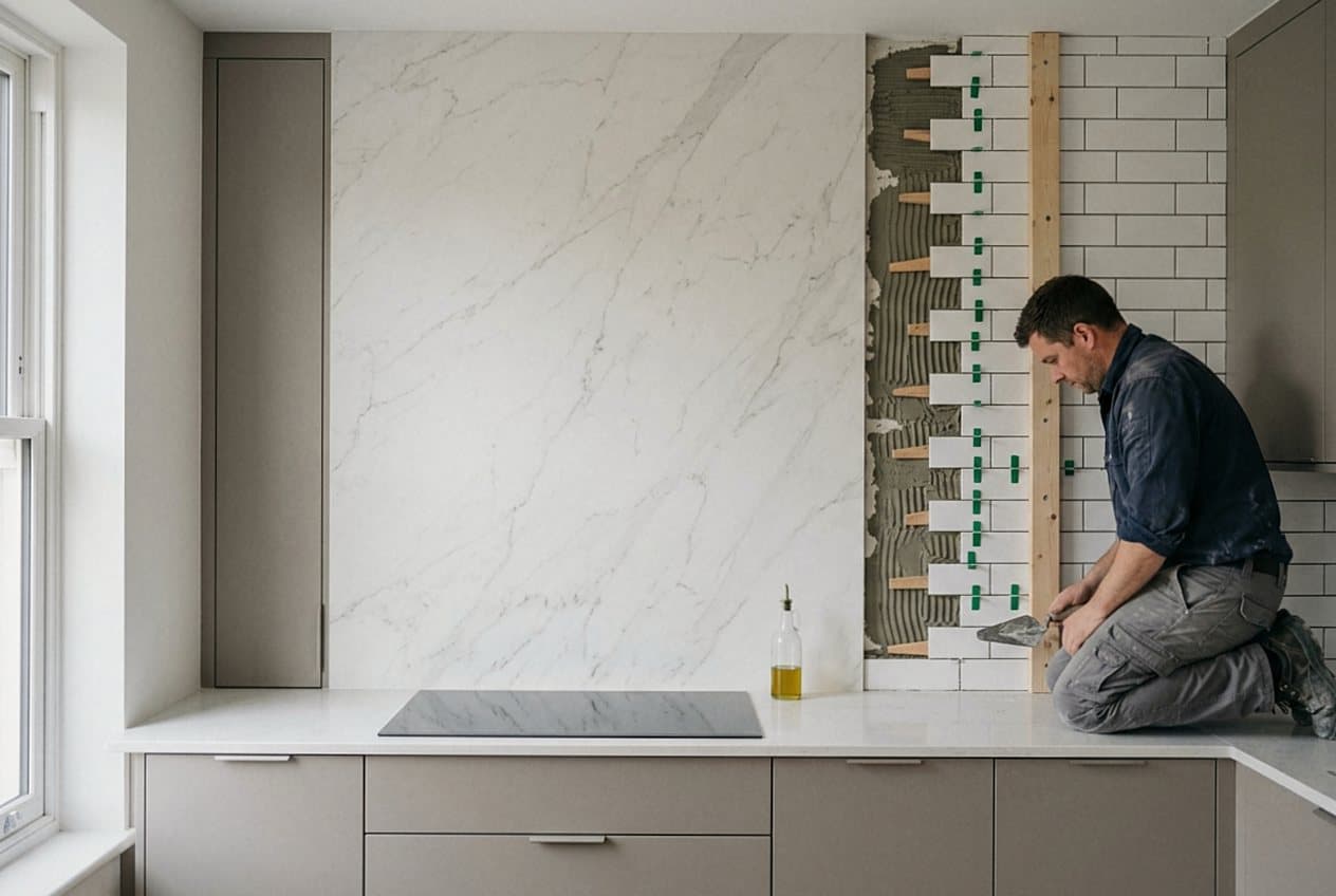 Installer setting full-height subway tile beside marble slab