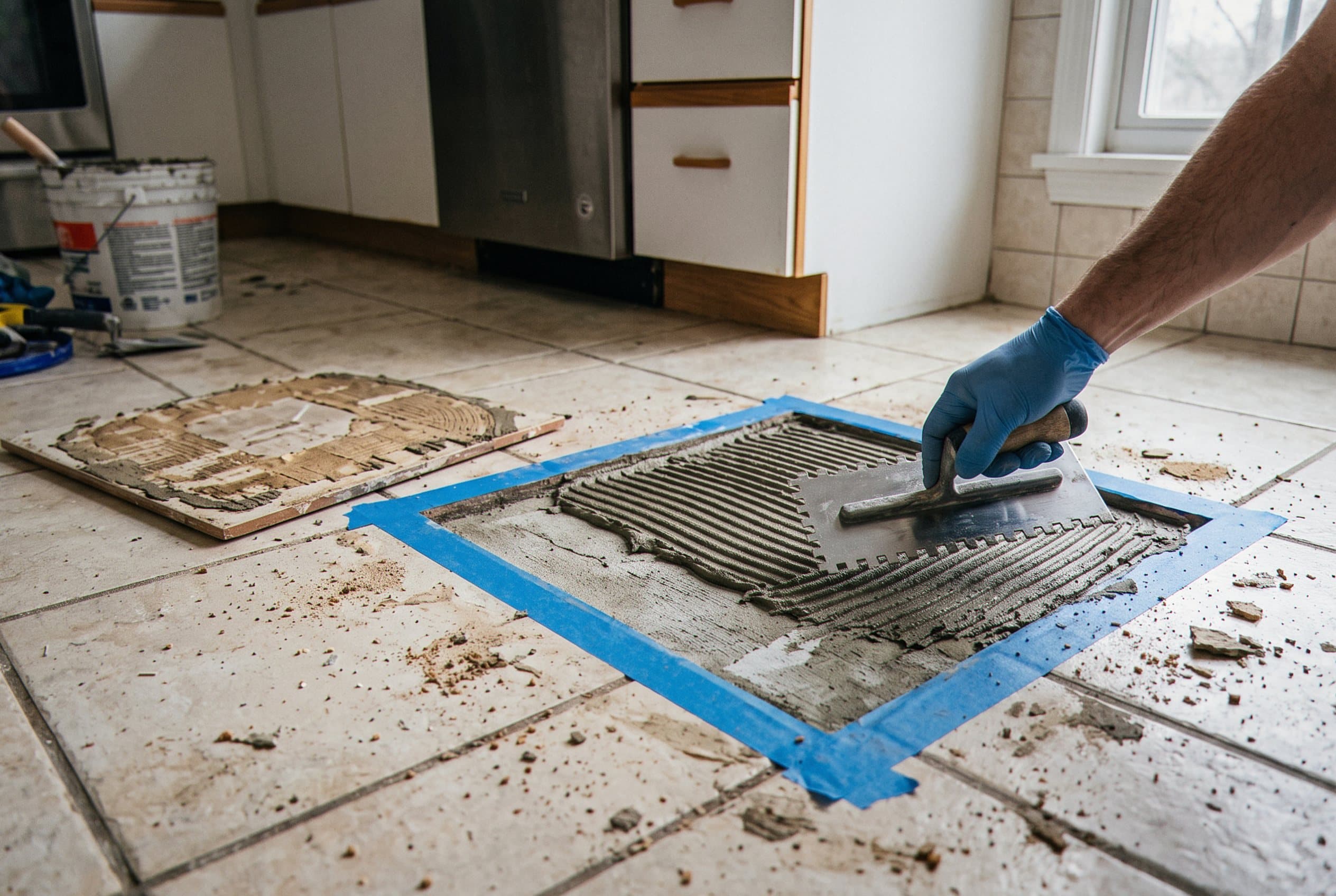 Installer patching a taped-off section of kitchen floor