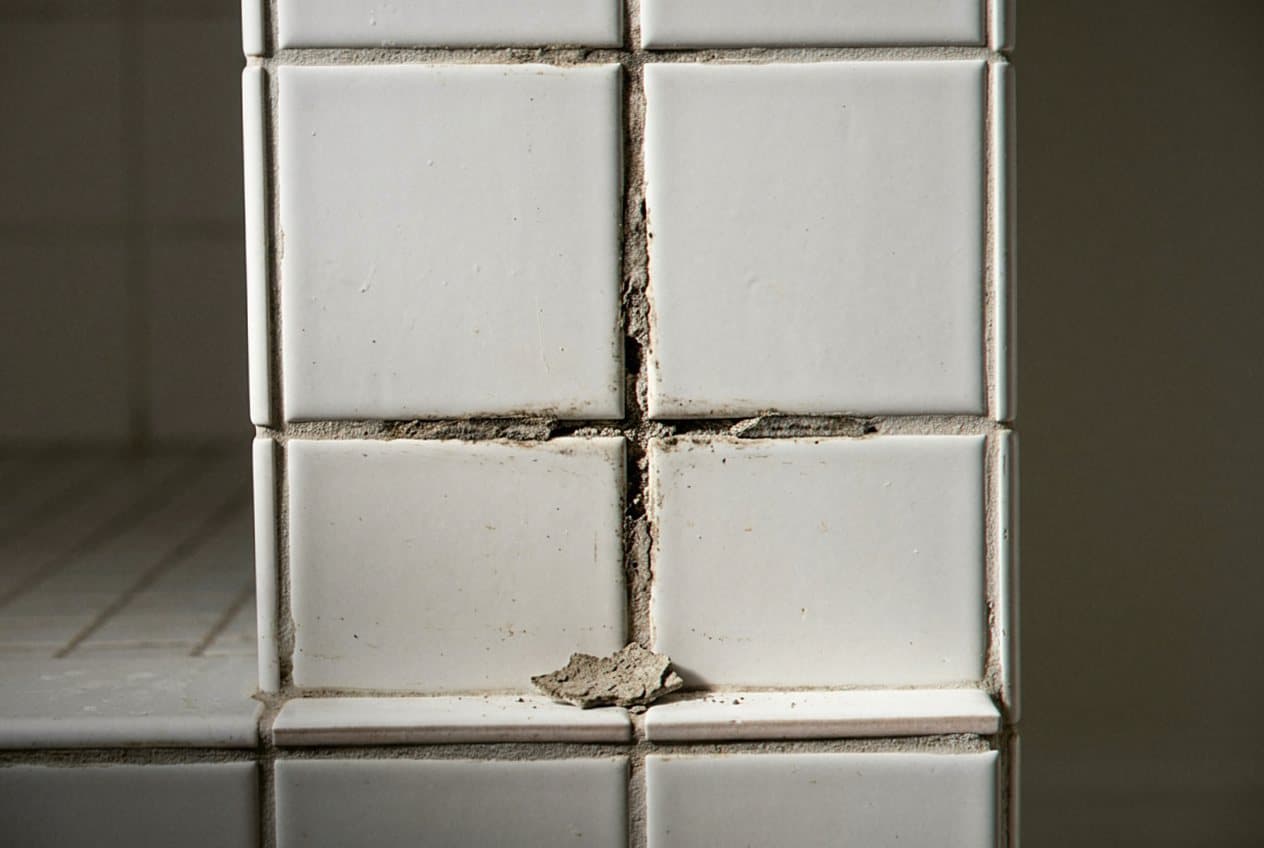 Close-up of cracked, crumbling grout on tile