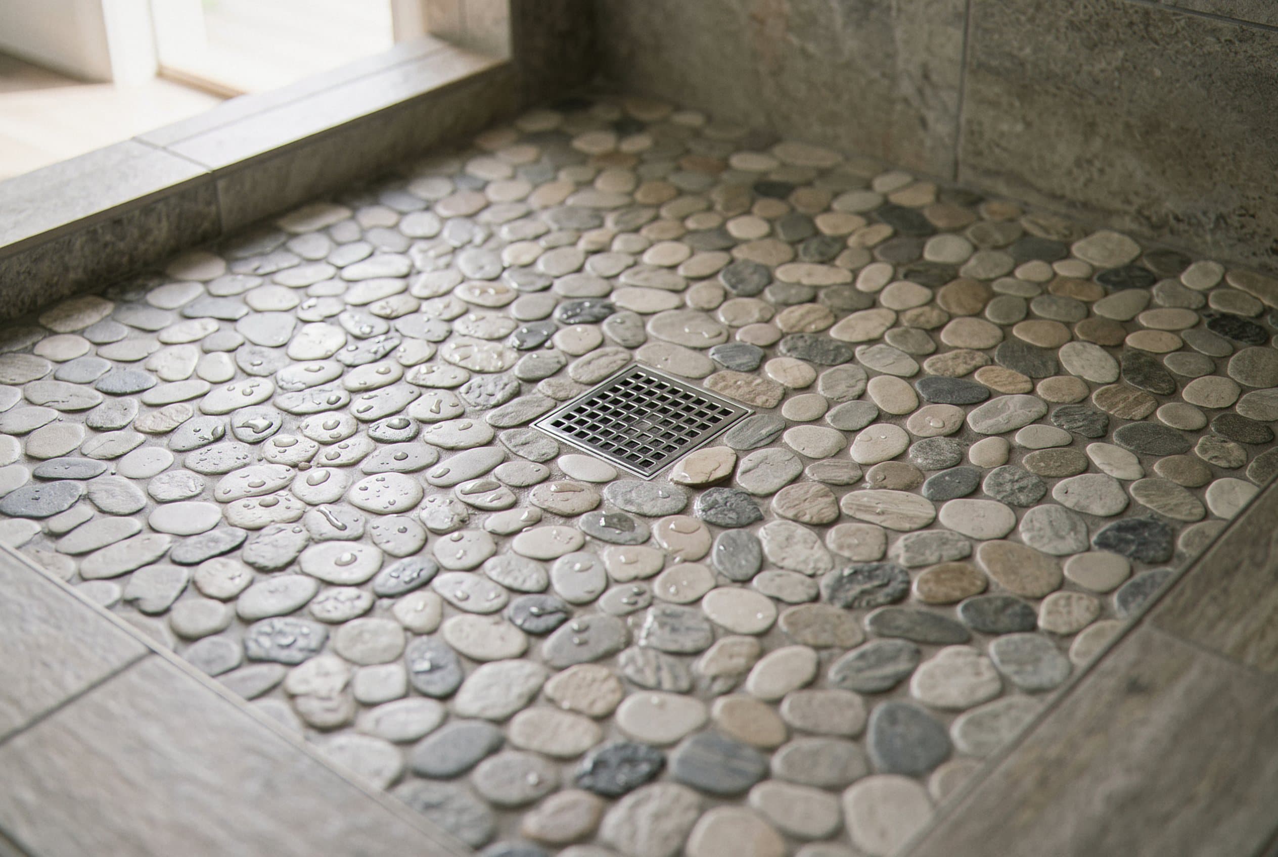Pebble mosaic shower floor around a linear drain