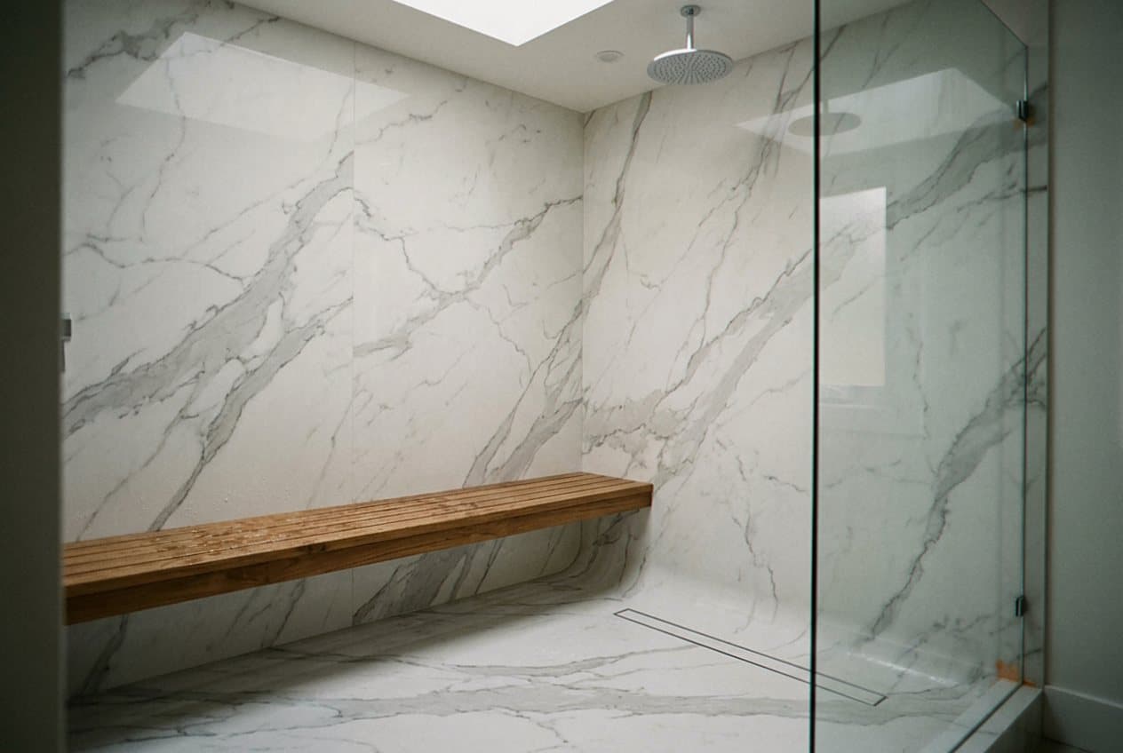 Marble-look steam shower with teak bench and rain head