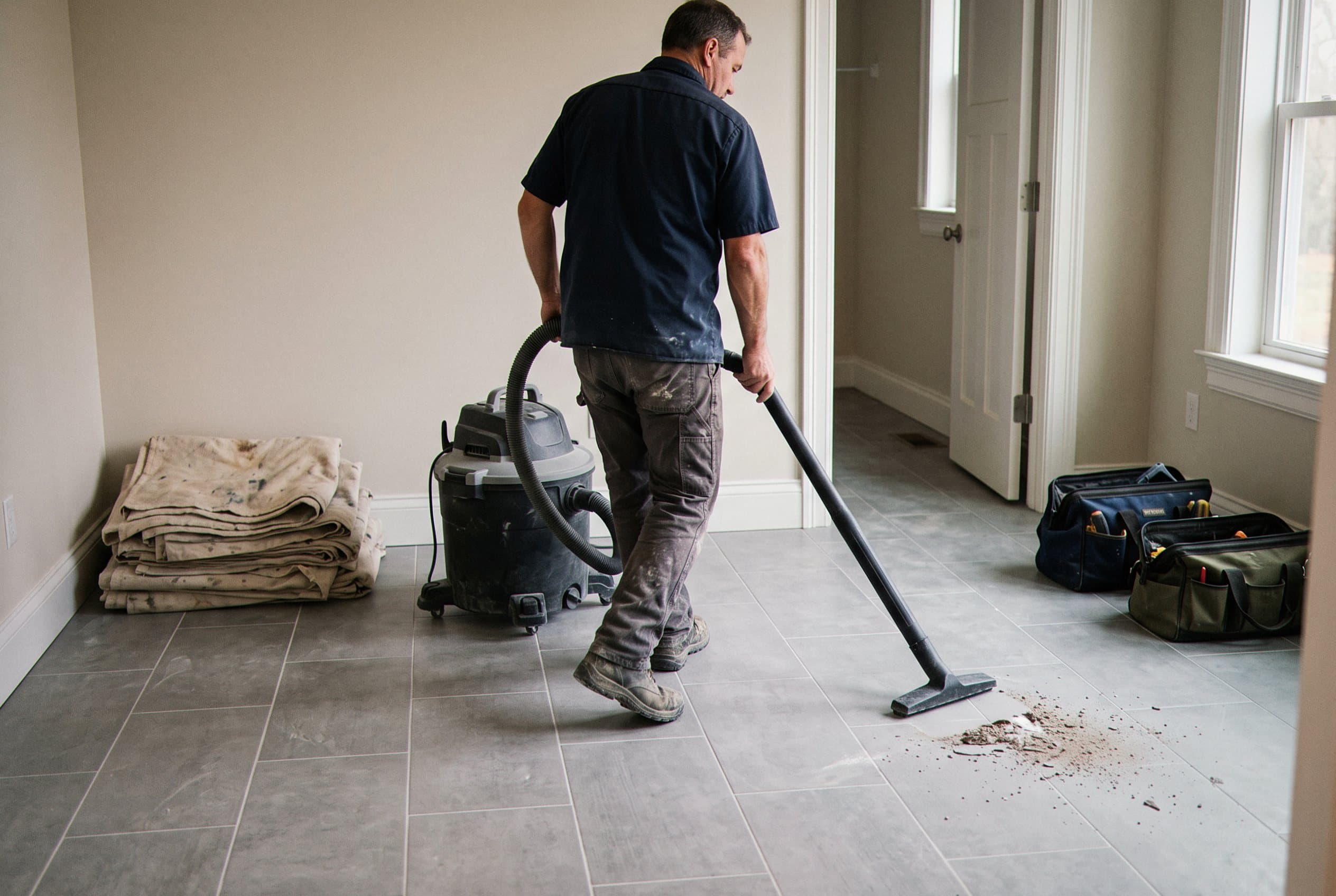 Worker vacuuming dust off a finished tile floor