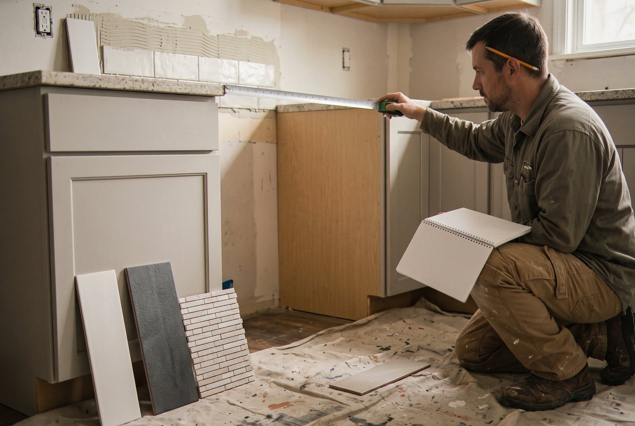 Contractor measuring a backsplash wall with tile samples